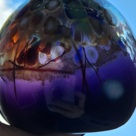 Hand Blown Glass Oil Lamp Orb or Bud Vase Artist Signed Mosaic Color Marble Ball - Picture 13 of 16